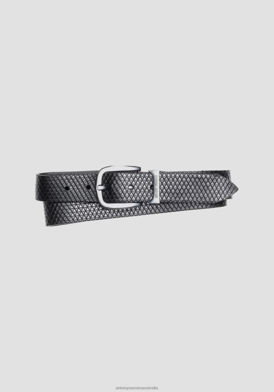 ZJ62L333 Accessories Men Antony Morato Black Belt In 100% Leather With Geometric Pattern