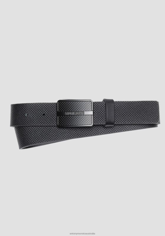 ZJ62L338 Accessories Men Antony Morato Black Belt In Leather With Geometric Pattern And Logo Tab