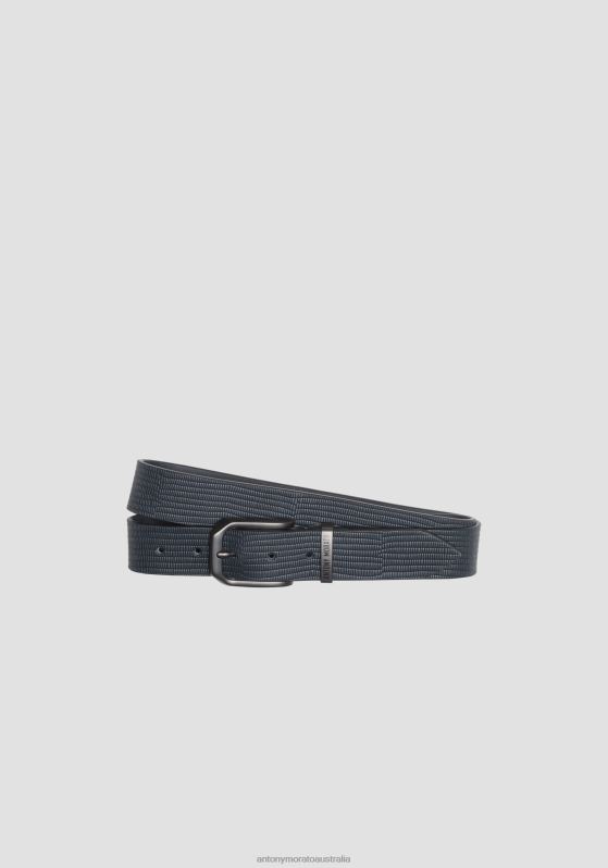 ZJ62L344 Accessories Men Antony Morato Blue Ink Real Leather Belt With Coarse Grain Pattern