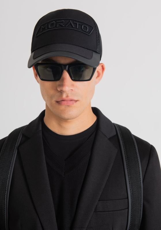 ZJ62L385 Accessories Men Antony Morato Black Poplin Cap With Embossed Logo And Rubberised Insert