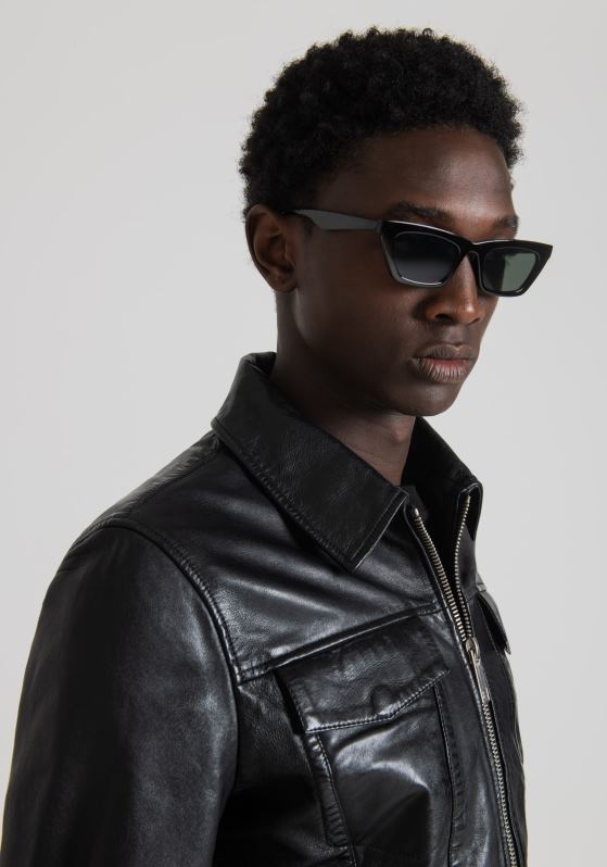 ZJ62L1 Clothing Men Antony Morato Black Slim Fit Jacket In Genuine Leather With Shirt Collar