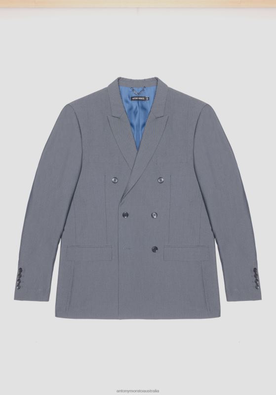 ZJ62L26 Clothing Men Antony Morato Light Blue Roger Regular-Fit Double-Breasted Jacket In Denim-Effect Cotton Blend