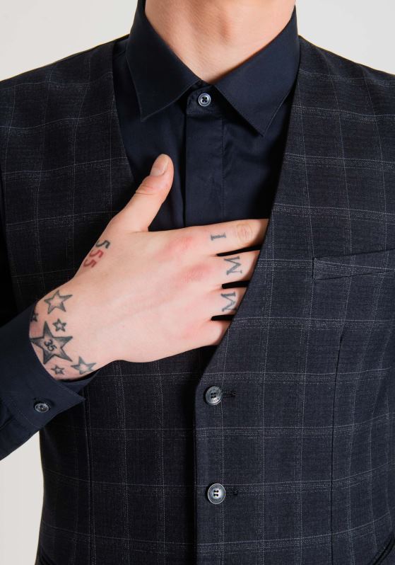 ZJ62L32 Clothing Men Antony Morato Blue Ink Slim Fit Waistcoat In Stretch Viscose Blend With Check Pattern