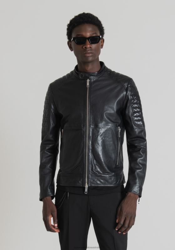 ZJ62L3 Clothing Men Antony Morato Black Slim Fit Biker Jacket In Genuine Leather With Korean Collar