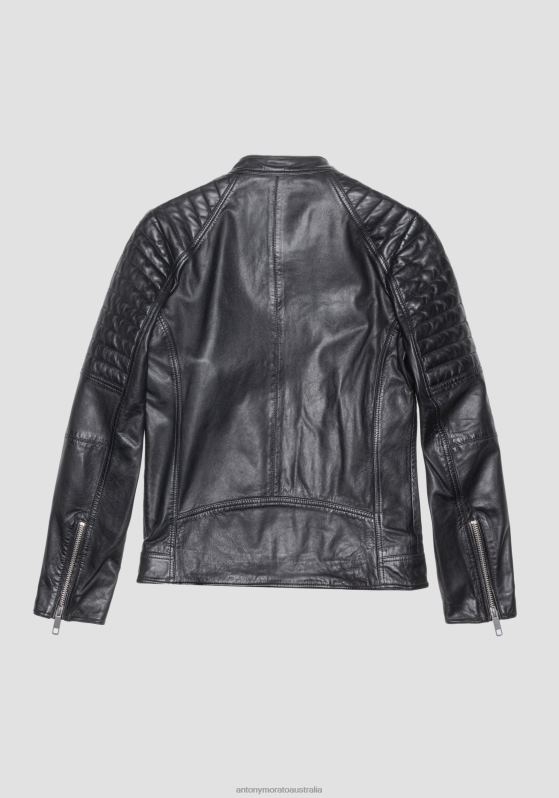 ZJ62L3 Clothing Men Antony Morato Black Slim Fit Biker Jacket In Genuine Leather With Korean Collar