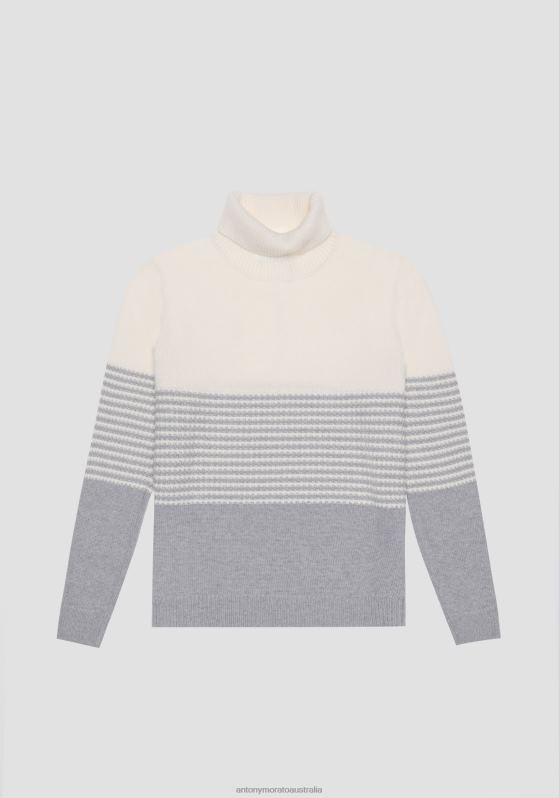 ZJ62L77 Clothing Men Antony Morato Grey Melange Regular Fit Sweater In Merino Wool Blend Yarn With Striped Pattern