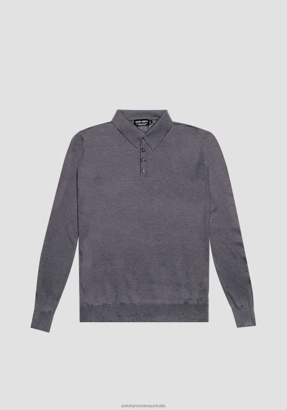 ZJ62L79 Clothing Men Antony Morato Dark Gray Melange Regular Fit Polo Shirt In Soft Wool Blend Fabric