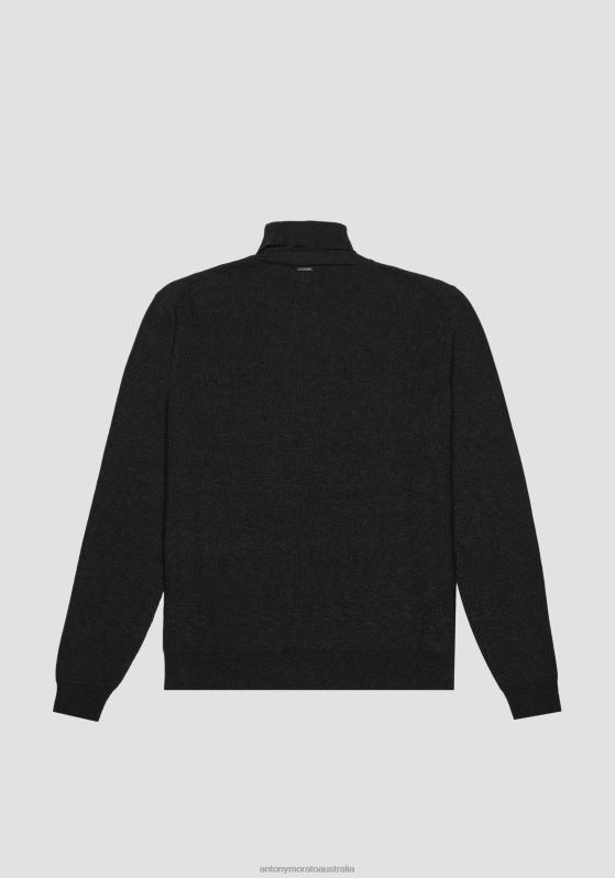 ZJ62L89 Clothing Men Antony Morato Black Slim Fit Mock Polo Neck In A Wool And Cotton Blend Yarn