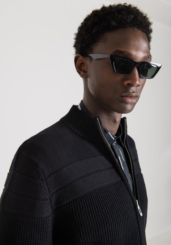 ZJ62L91 Clothing Men Antony Morato Black Regular Fit Mock Polo Neck Sweatshirt In Cotton Yarn With Zip