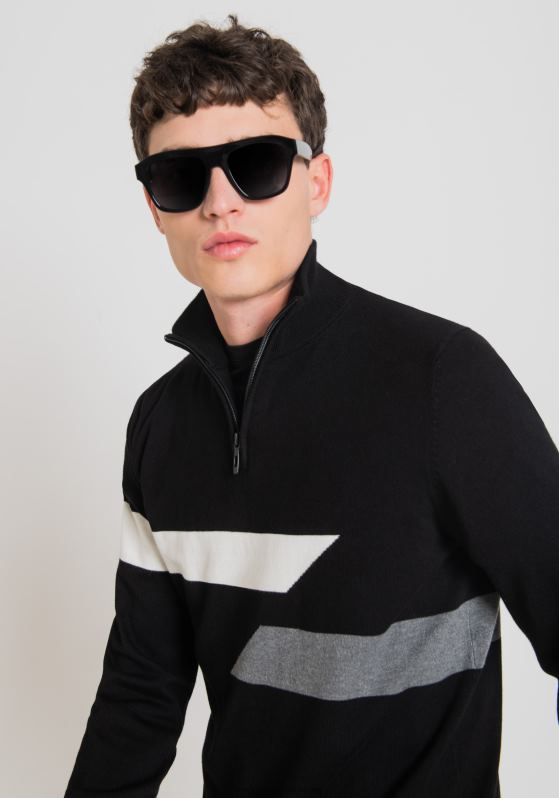 ZJ62L93 Clothing Men Antony Morato Black High-Neck Slim Fit Sweatshirt In Stretch Yarn With Jacquard Bands