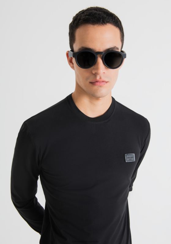ZJ62L96 Clothing Men Antony Morato Black Super Slim-Fit Sweater In Soft Cotton Jersey With Logo Tab