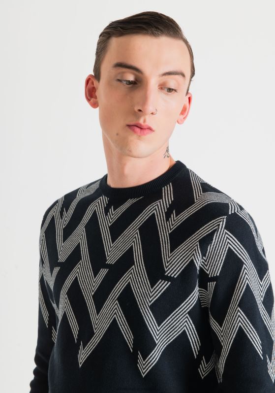 ZJ62L99 Clothing Men Antony Morato Blue Ink Regular Fit Sweatshirt In Cotton Yarn With Geometric Jacquard Pattern