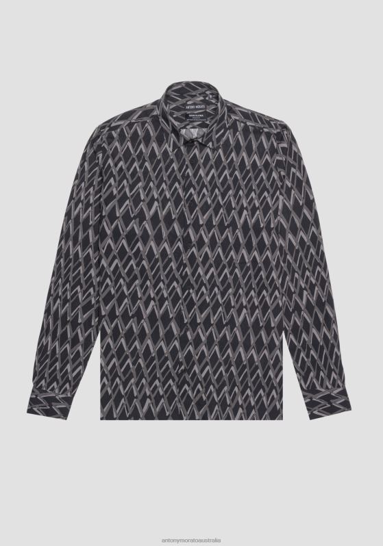 ZJ62L106 Clothing Men Antony Morato Black Barcelona Regular Straight-Fit Cotton-Blend Shirt With All-Over Pattern