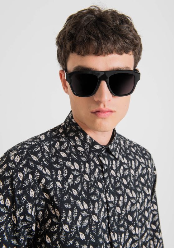 ZJ62L108 Clothing Men Antony Morato Black Barcelona Cotton-Blend Straight-Fit Shirt With All-Over Pattern