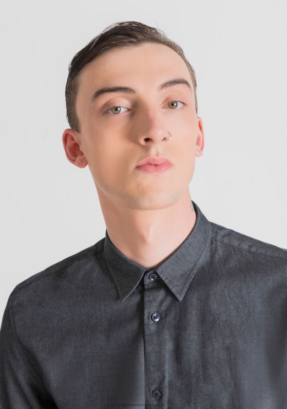 ZJ62L115 Clothing Men Antony Morato Light Blue Napoli Slim-Fit Shirt In Easy-Iron Pure Cotton With Denim Effect