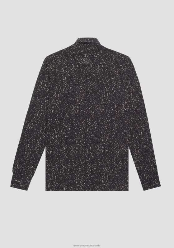 ZJ62L117 Clothing Men Antony Morato Black Barcelona Regular Straight-Fit Cotton-Blend Shirt With All-Over Pattern