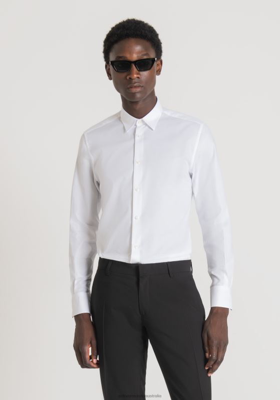 ZJ62L119 Clothing Men Antony Morato White Napoli Soft-Touch Cotton Slim-Fit Shirt With Micro-Weave