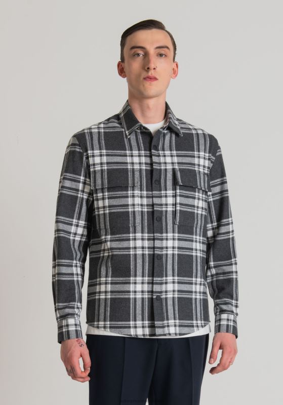 ZJ62L126 Clothing Men Antony Morato Dark Gray Melange Munich Straight Fit Regular Shirt In Cotton Twill With Check Pattern