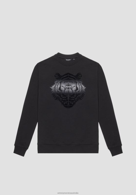 ZJ62L47 Clothing Men Antony Morato Black Crew-Neck Regular Fit Sweatshirt In Cotton Blend With Shaded Tiger Print