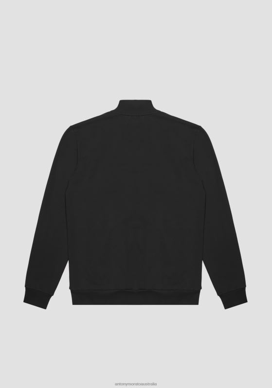 ZJ62L62 Clothing Men Antony Morato Black High-Neck Slim Fit Sweatshirt In Soft Stretch Cotton With Hidden Front Pockets