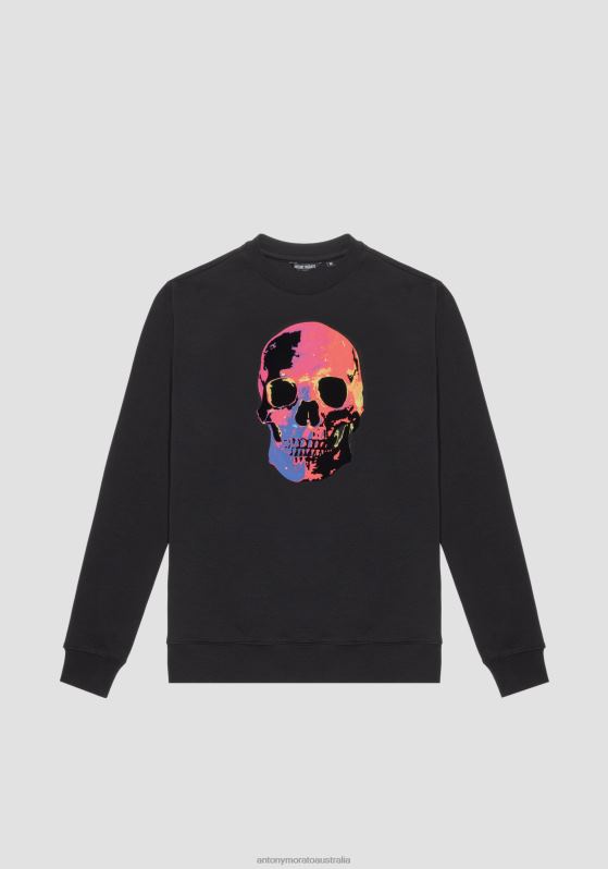 ZJ62L68 Clothing Men Antony Morato Black Regular Fit Sweatshirt In Cotton Blend Fabric With Multicolour Skull Print