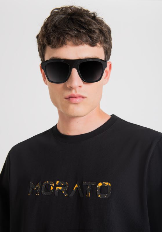 ZJ62L148 Clothing Men Antony Morato Black Regular Fit T-Shirt In Pure Cotton With Rubberised Logo Print