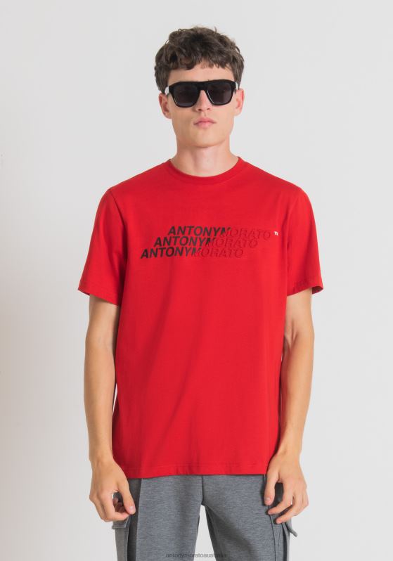 ZJ62L172 Clothing Men Antony Morato Red Regular Fit T-Shirt In Cotton With Rubber-Effect Logo Print