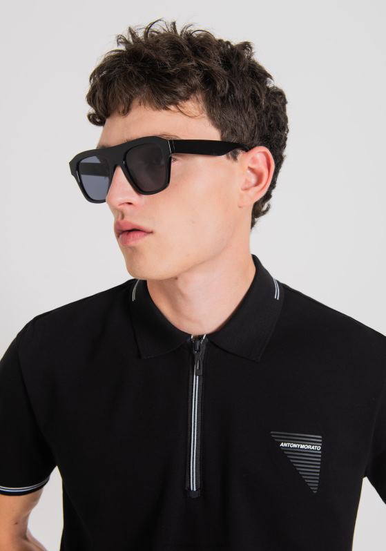 ZJ62L173 Clothing Men Antony Morato Black Slim Fit Polo Shirt In Mercerised Cotton Pique With Rubberised Logo Print