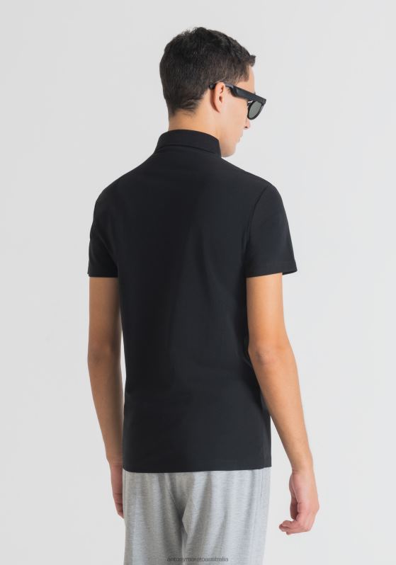 ZJ62L179 Clothing Men Antony Morato Black Super-Slim-Fit Polo Shirt In Stretch Cotton With Logo Patch