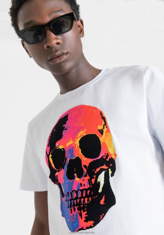 ZJ62L187 Clothing Men Antony Morato White Slim-Fit T-Shirt In Soft 100% Cotton With Skull Print