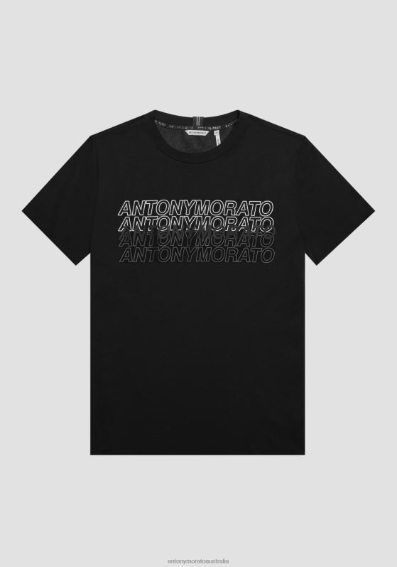 ZJ62L189 Clothing Men Antony Morato Black Slim-Fit T-Shirt In 100% Cotton With Rubberised-Effect Logo Print