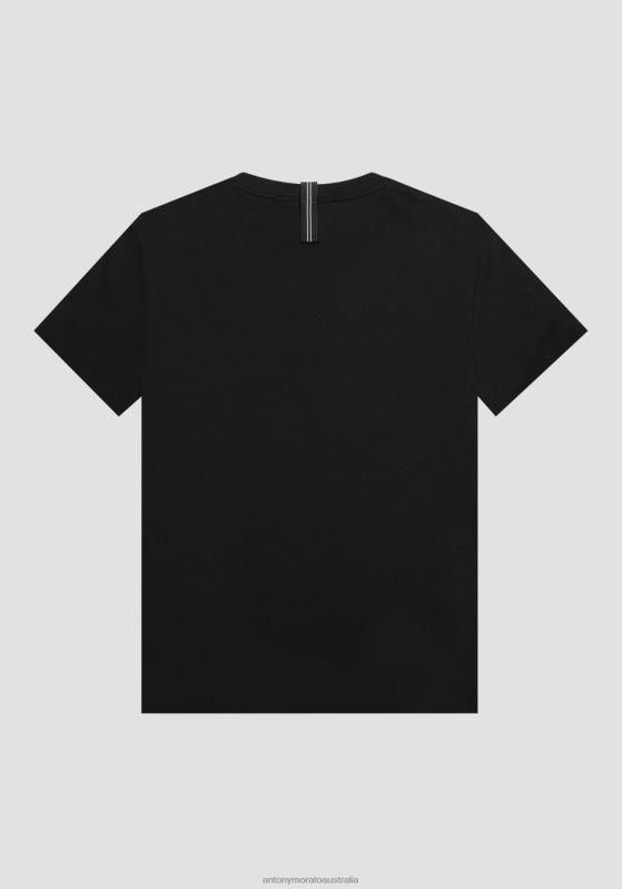 ZJ62L189 Clothing Men Antony Morato Black Slim-Fit T-Shirt In 100% Cotton With Rubberised-Effect Logo Print