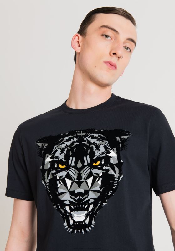 ZJ62L202 Clothing Men Antony Morato Blue Ink Regular Fit T-Shirt In 100% Soft Cotton With Panther Print
