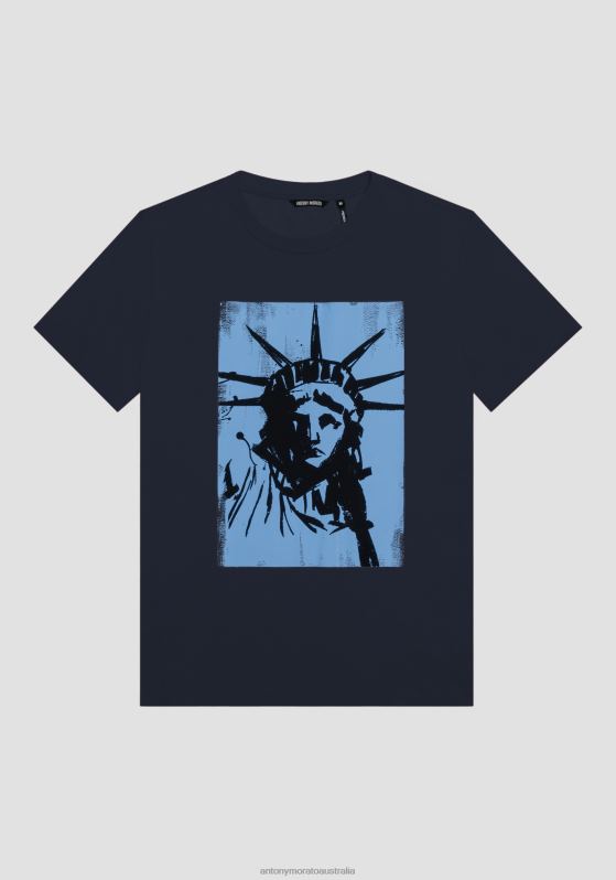 ZJ62L207 Clothing Men Antony Morato Blue Ink Regular Fit T-Shirt In 100% Cotton With Statue Of Liberty Print