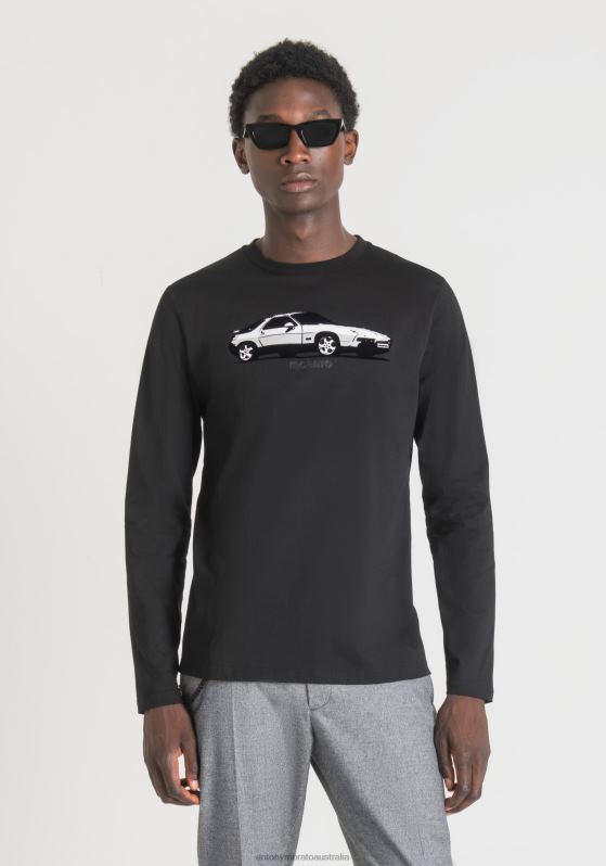 ZJ62L210 Clothing Men Antony Morato Black Regular Fit Long-Sleeved T-Shirt In Soft Cotton With Car Print