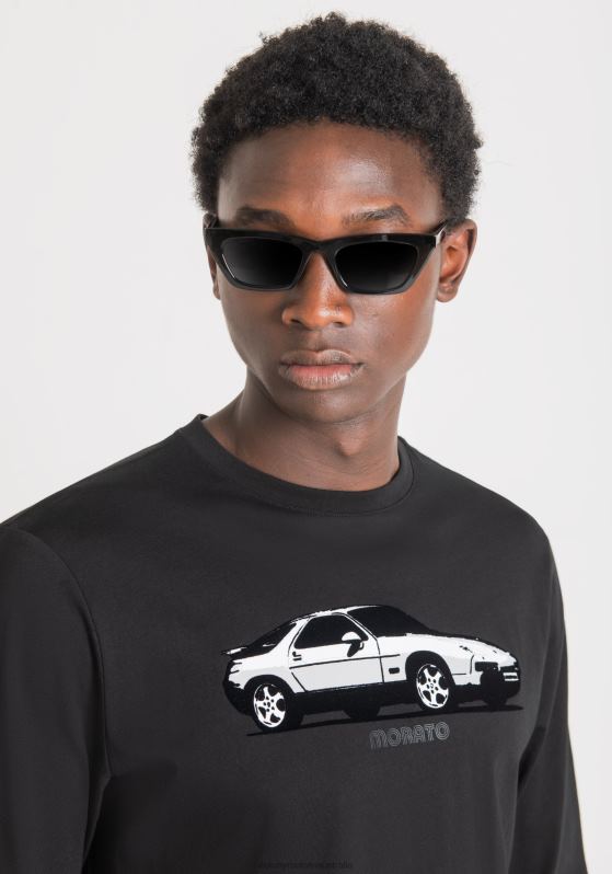 ZJ62L210 Clothing Men Antony Morato Black Regular Fit Long-Sleeved T-Shirt In Soft Cotton With Car Print