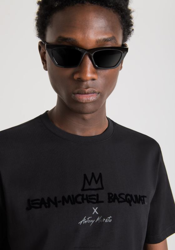 ZJ62L214 Clothing Men Antony Morato Black Regular Fit T-Shirt In 100% Cotton With Basquiat Print
