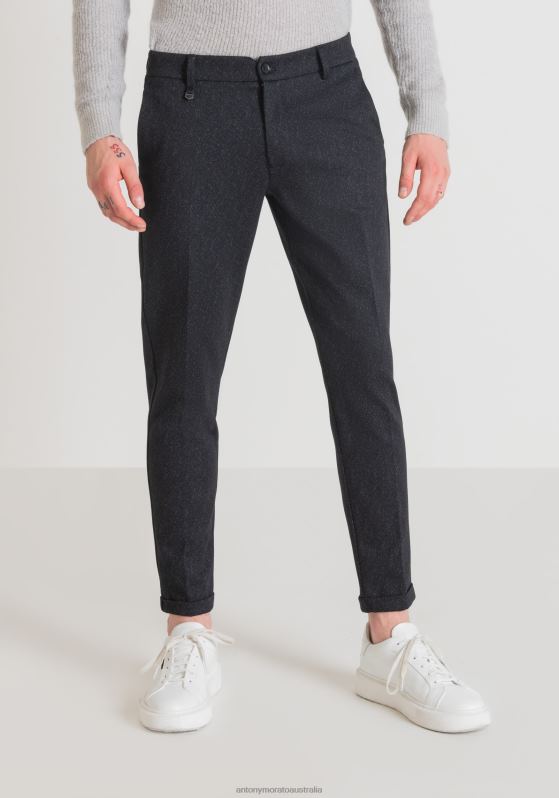 ZJ62L228 Clothing Men Antony Morato Blue Ink Ashe Super Skinny Fit Trousers In Stretch Viscose Blend Fabric With Herringbone Pattern