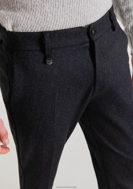 ZJ62L228 Clothing Men Antony Morato Blue Ink Ashe Super Skinny Fit Trousers In Stretch Viscose Blend Fabric With Herringbone Pattern