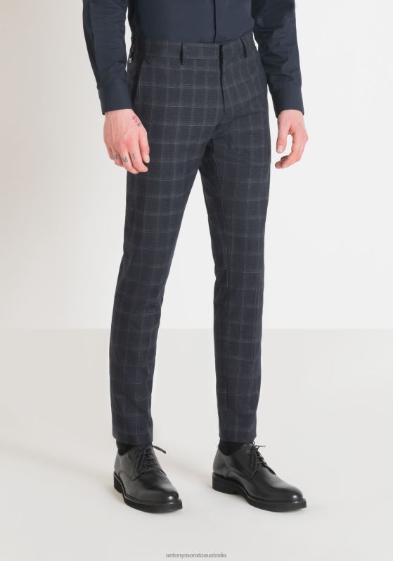 ZJ62L262 Clothing Men Antony Morato Blue Ink Bonnie Slim Fit Trousers In Stretch Viscose Blend Fabric With Check Pattern
