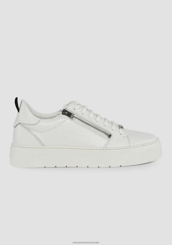ZJ62L303 Footwear Men Antony Morato White Zipper Leather Sneakers With Metal Zip